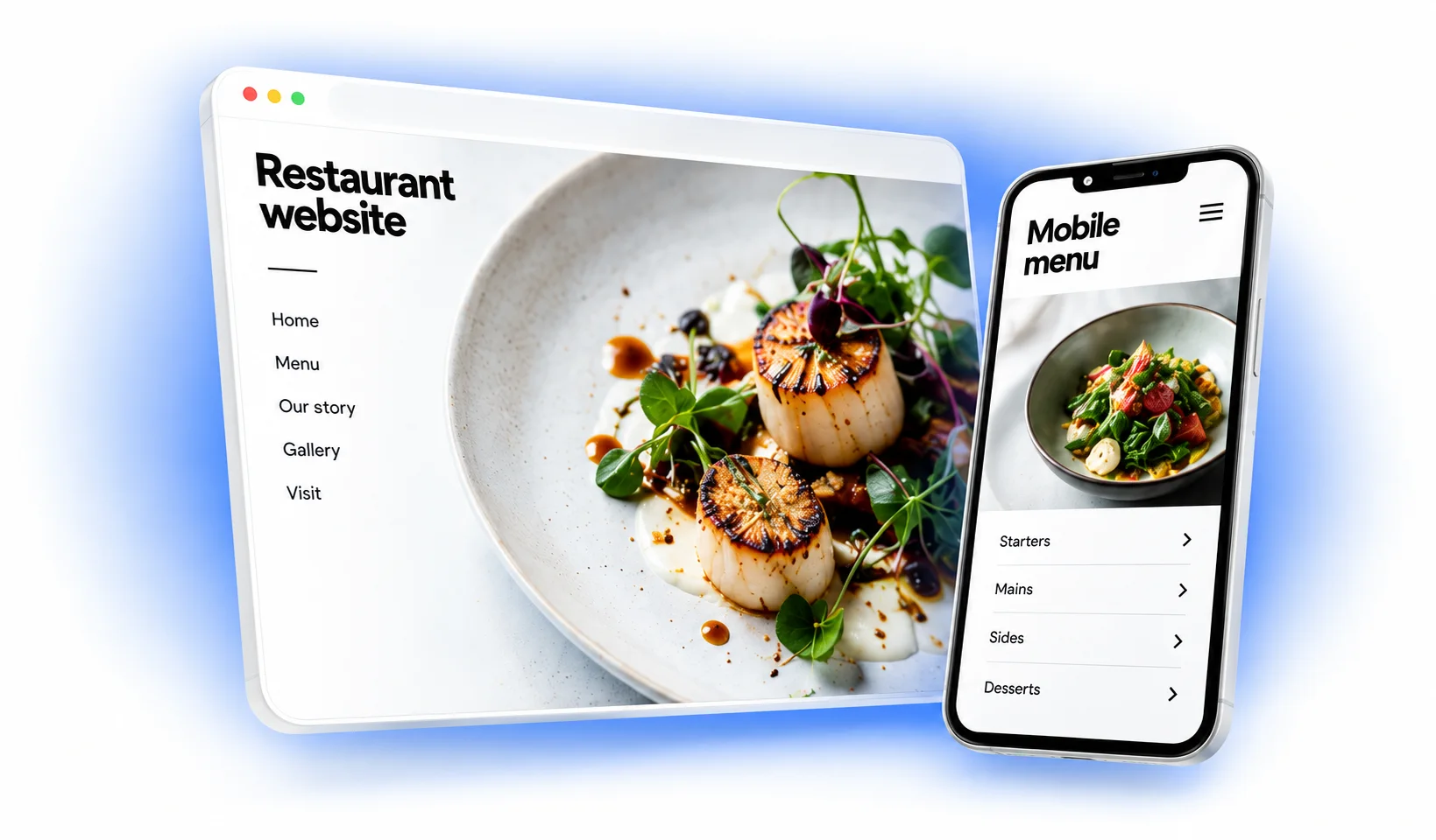 Illustrative restaurant website and mobile menu on a browser and phone