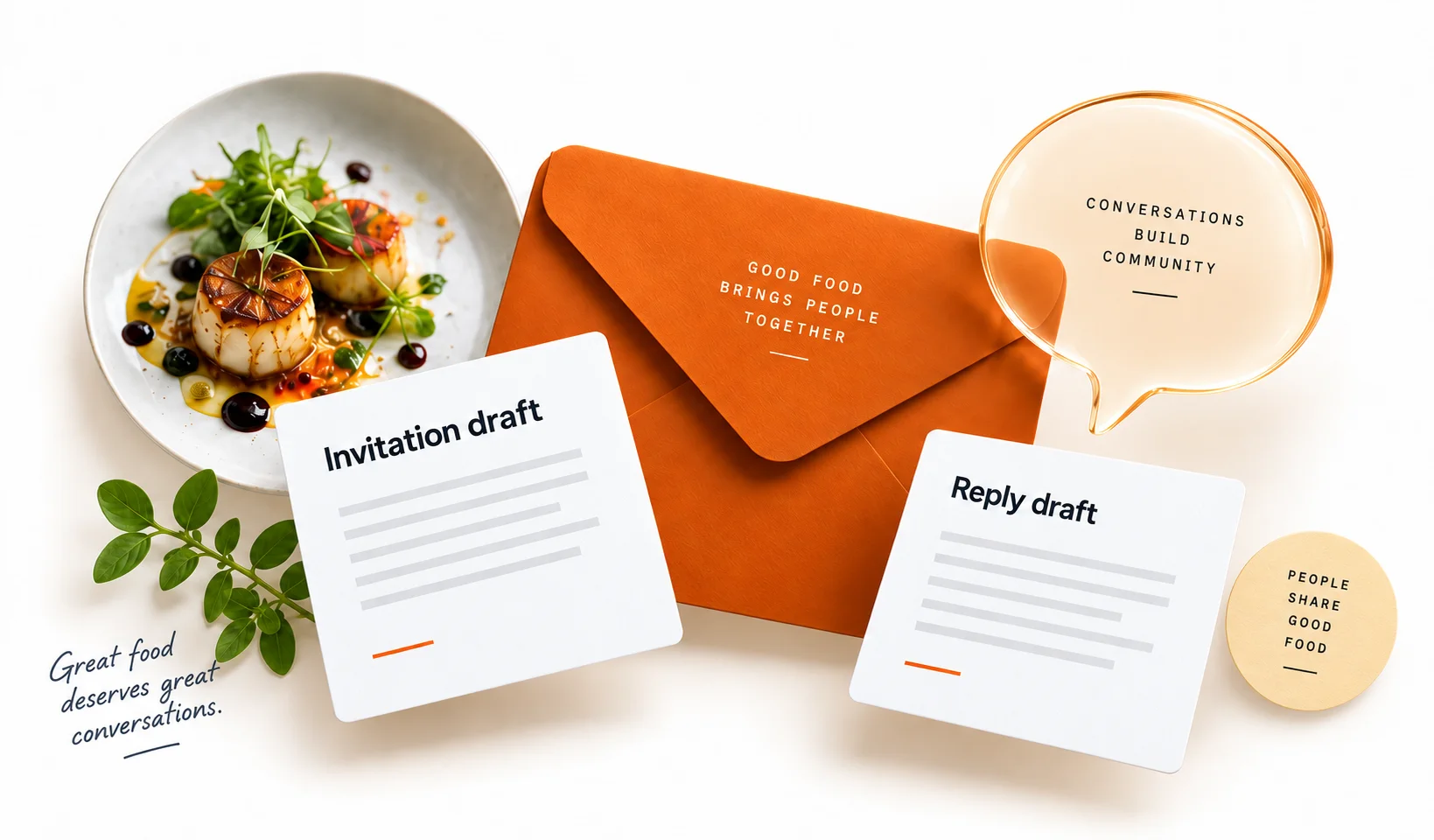 Orange envelope with invitation and reply draft cards, an amber speech bubble and fresh food