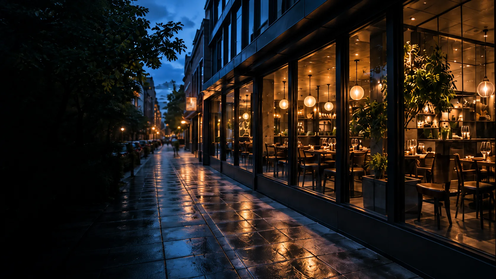 Warmly lit restaurant frontage at blue hour