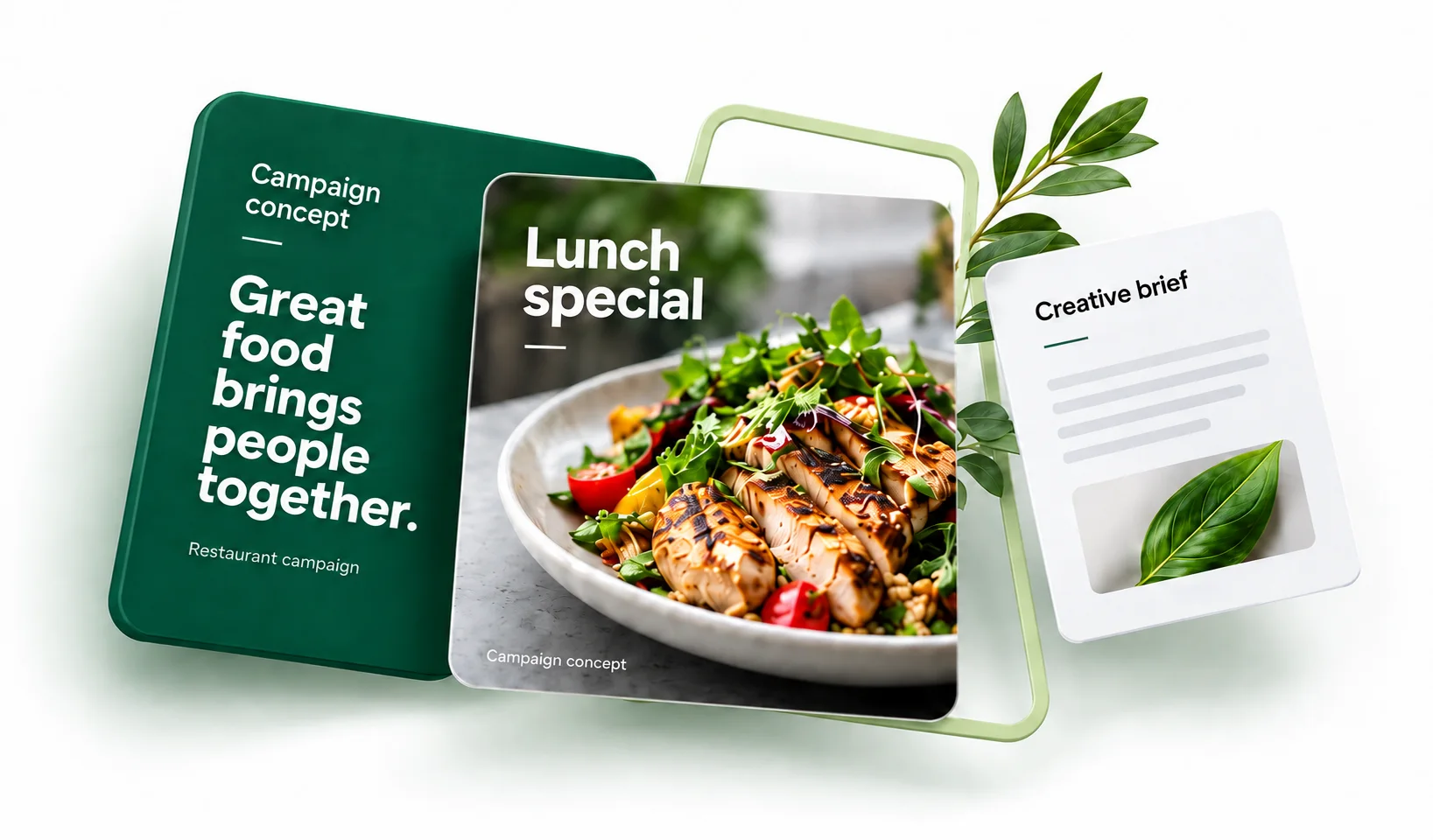 Forest green campaign concept boards with a lunch special creative and a brief