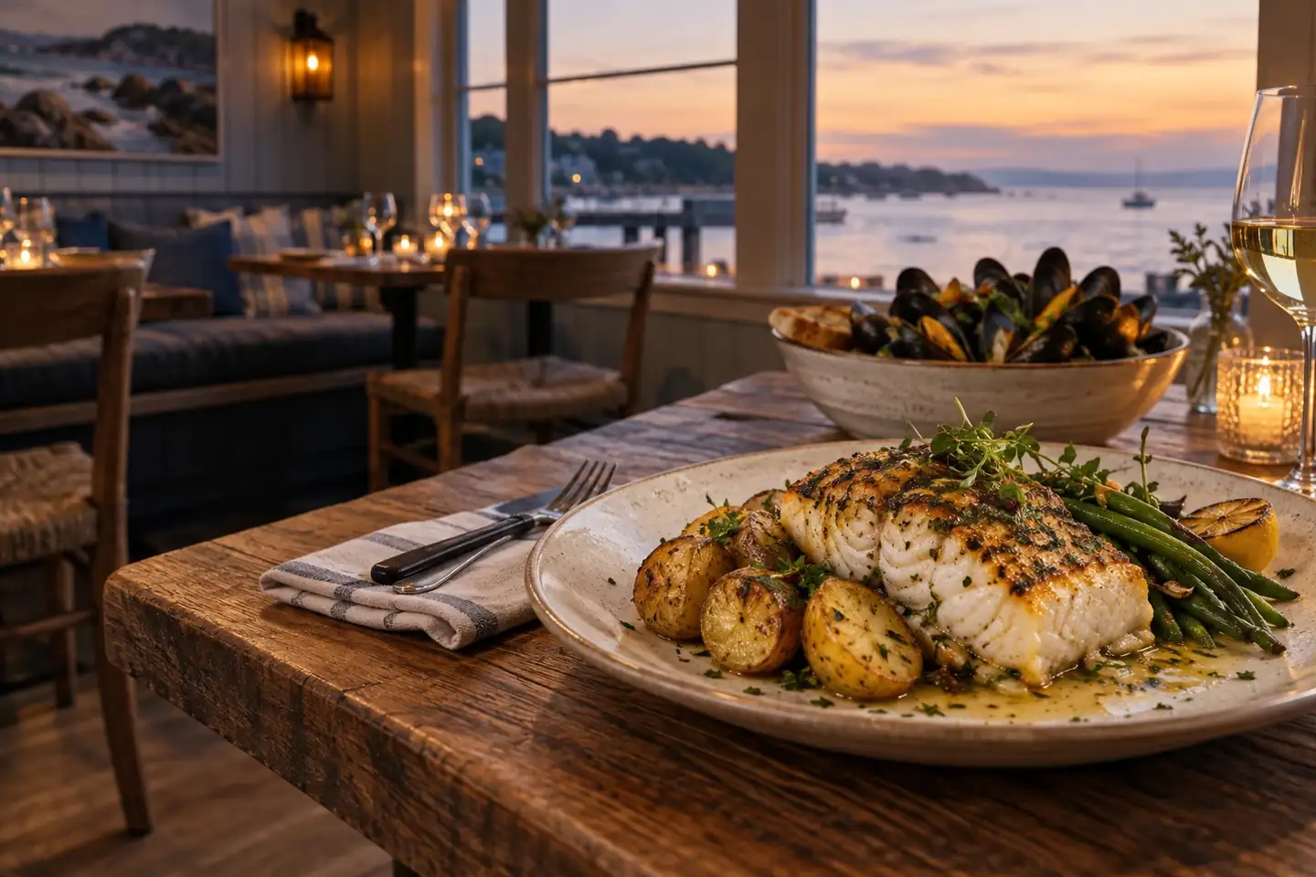 Roasted cod with potatoes and green beans at a coastal restaurant