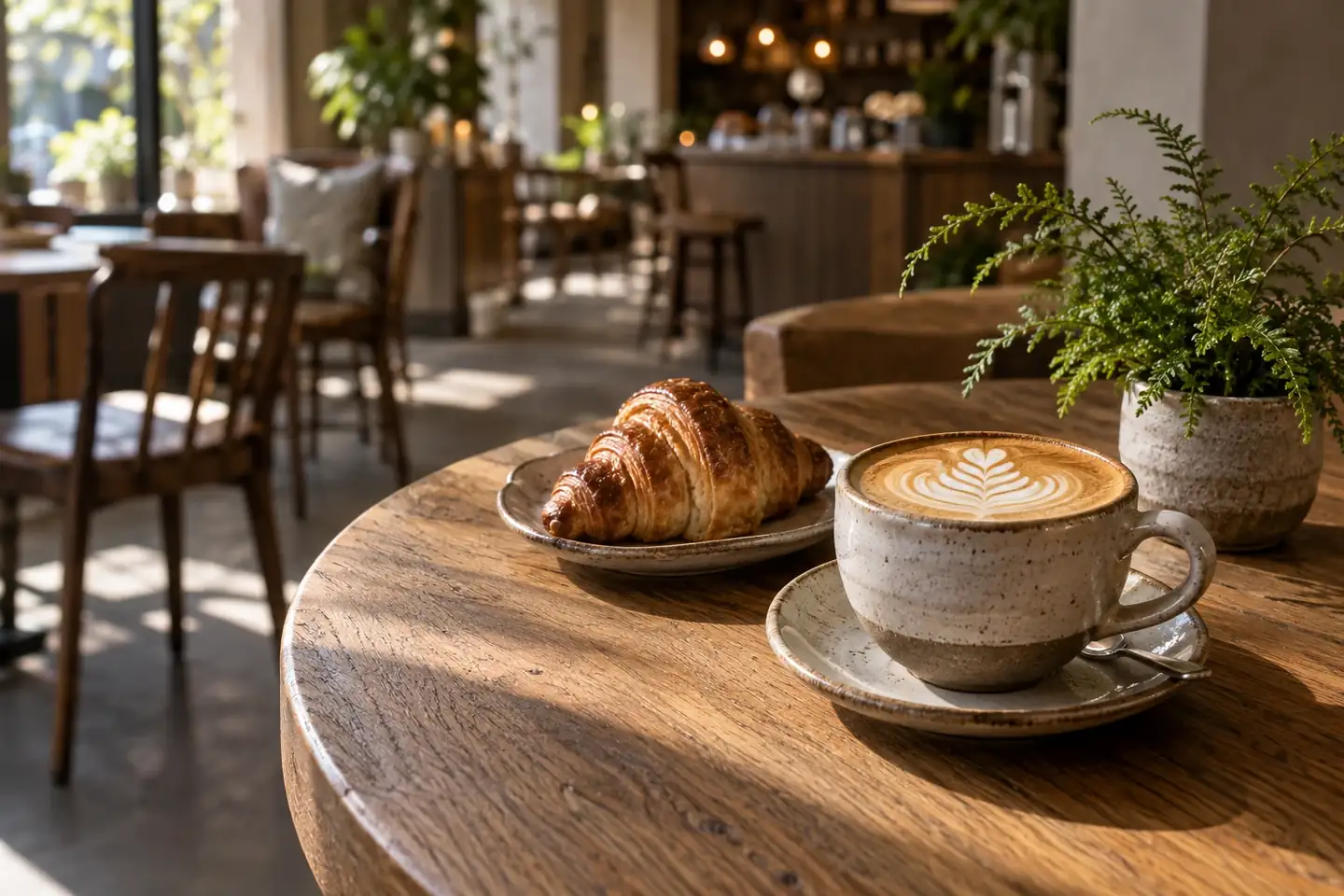Cappuccino and a flaky croissant on a warm café table